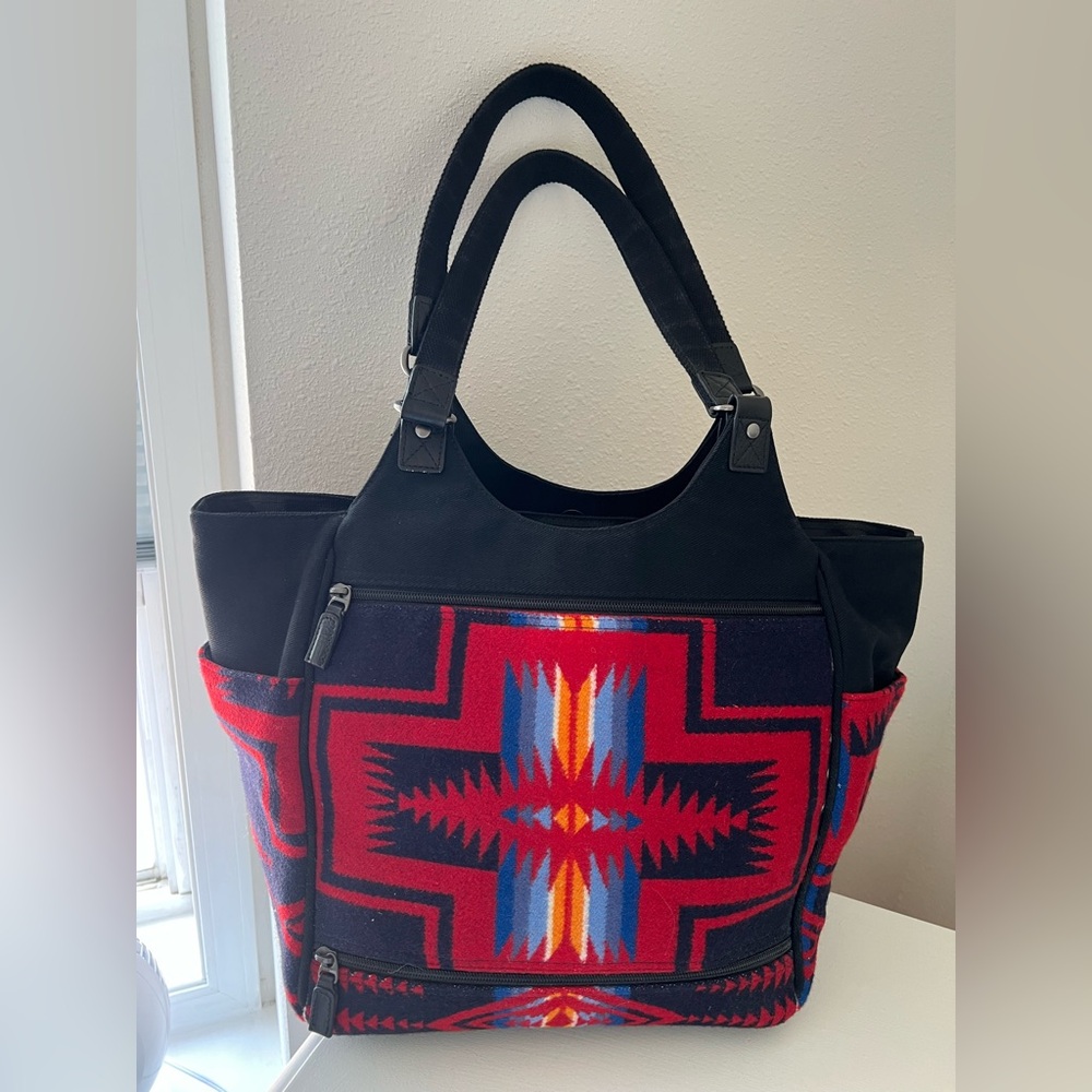 Pendleton | Red Black Wool Cargo Tote | Southwest Style | Travel Work Diaper Bag - Picture 2 of 13